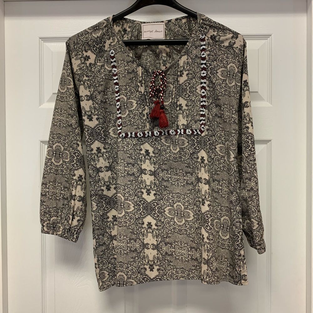 Beautiful Stories Print & Beaded  Boho Peasant Tassel Blouse S